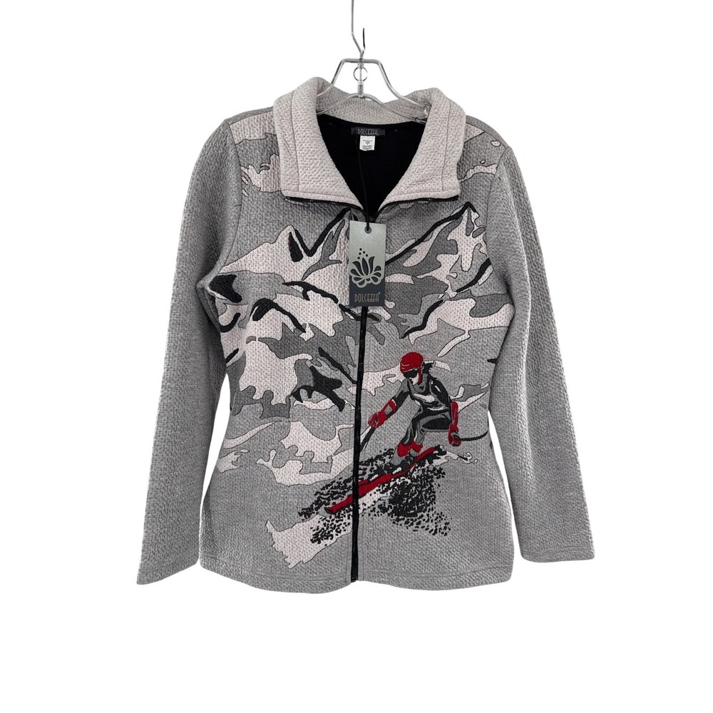 DOLCEZZA Womens Skiing Mountain Graphic Full Zip Sweater Jacket Size S